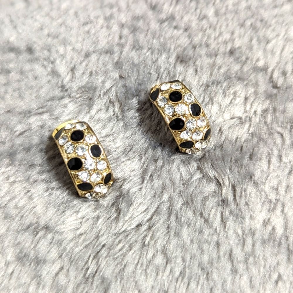 Vintage Small Half Hoop Black Enamel and Clear Rhinestone Pierced Earrings - Picture 2 of 10